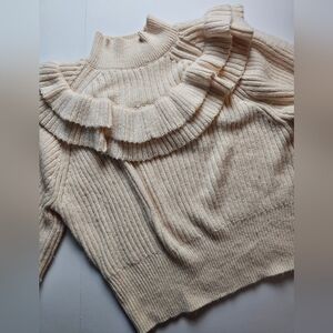 H&M Women's Cream Ruffle Pierrot Collar Knit Mock Neck Sweater Size XL